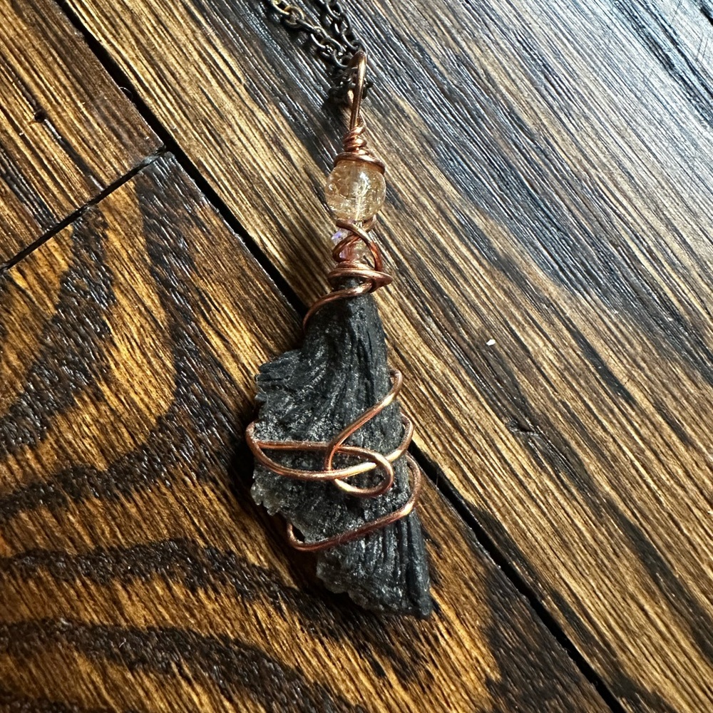 Elegant Black Kyanite Citrine and Oxidized Copper Wire Wrapped Pendant Necklace